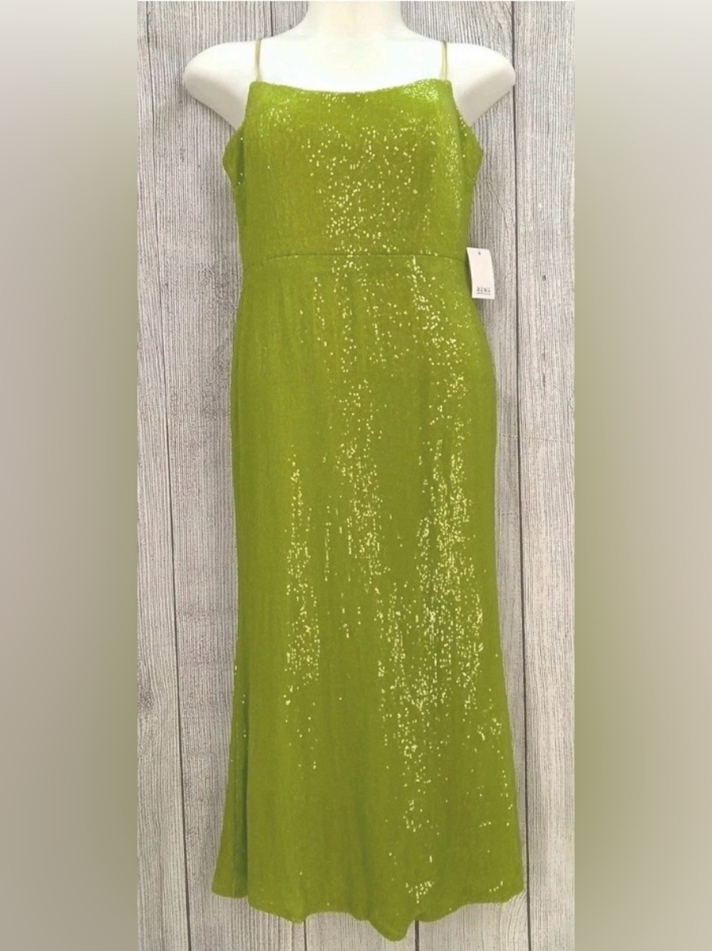 Rene Ruiz Lime Green Sequin Adjustable Spaghetti-Strap Evening Dress
